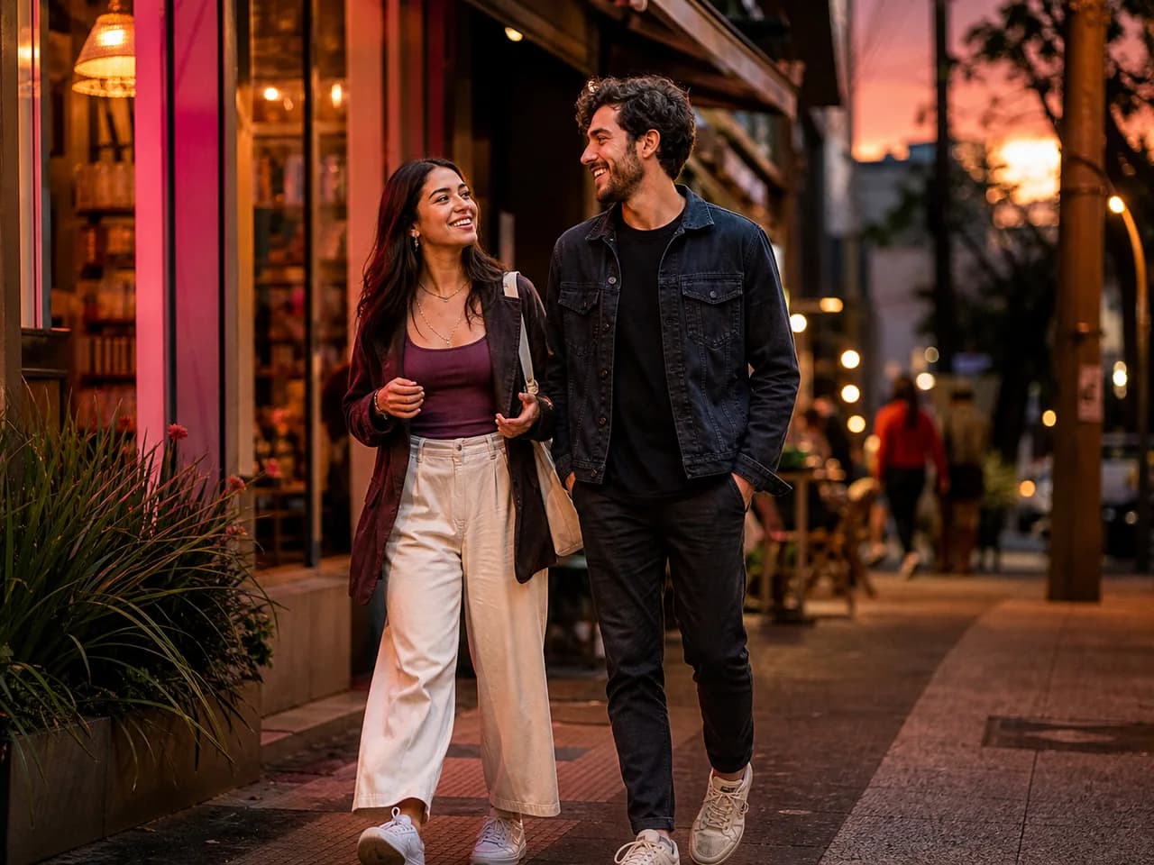 Casal jovem conversa e troca olhares durante um encontro casual na cidade